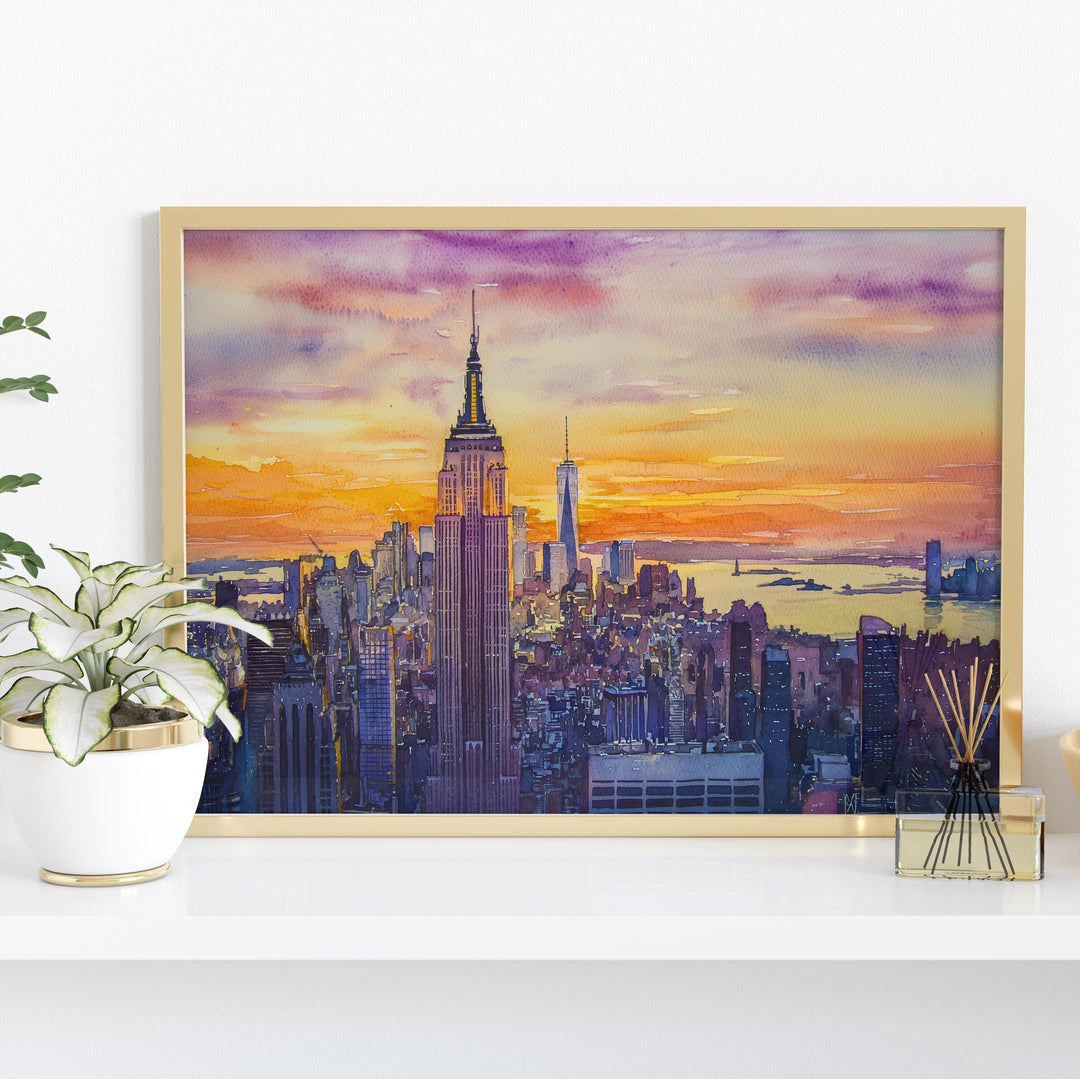 Empire State Building New York Watercolor Poster NYC Travel Print Landmark Painting City Skyline Wall Art USA Souvenir