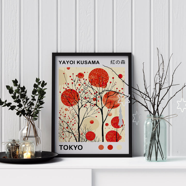 Yayoi Kusama Crimson Forest Poster Modern Pop Art Print Japanese Abstract Nature Design Polka Dot Woodland Artwork for Contemporary Decor