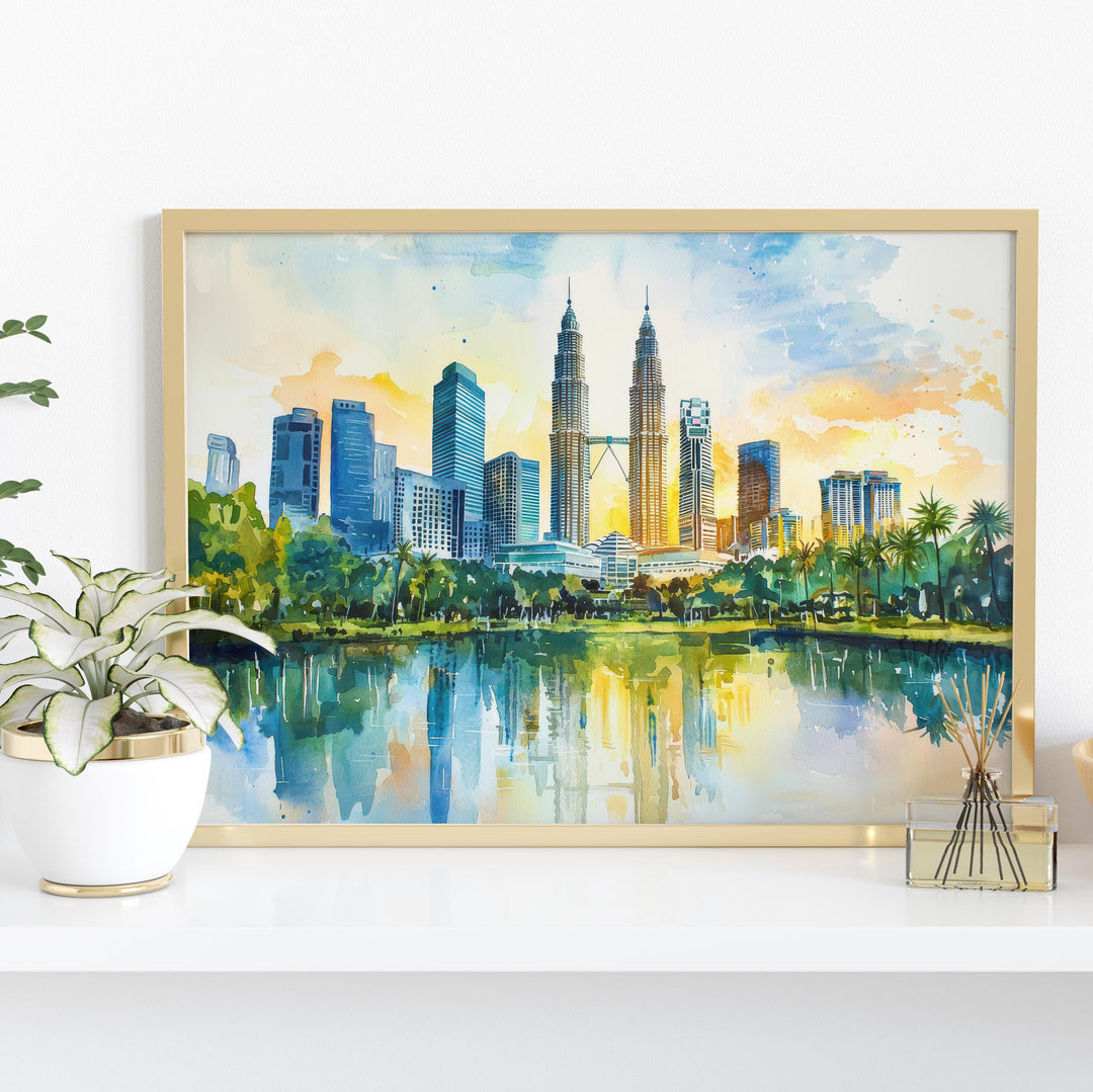 Kuala Lumpur Malaysia Watercolor Poster Kuala Lumpur Travel Print City Skyline Painting Petronas Towers Wall Art Souvenir