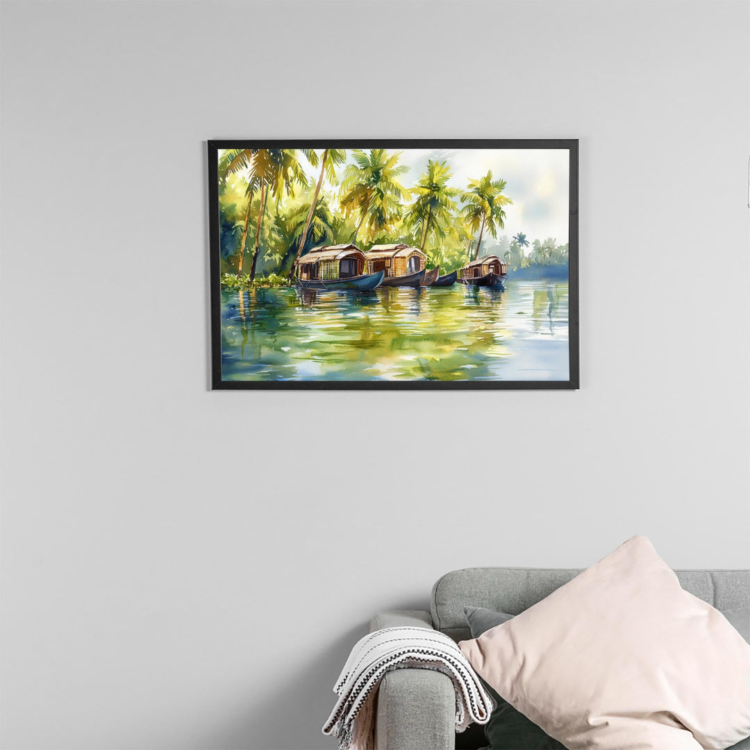 Kerala India Watercolor Poster Kerala Travel Print Tropical Landscape Painting Backwaters Wall Art Asia Souvenir