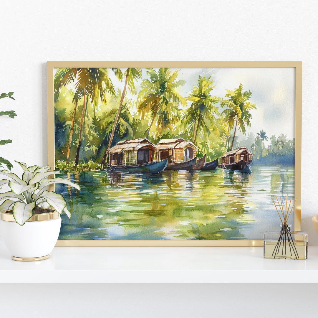 Kerala India Watercolor Poster Kerala Travel Print Tropical Landscape Painting Backwaters Wall Art Asia Souvenir