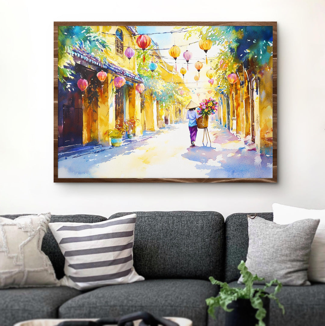 Hoi An Vietnam Watercolor Poster Hoi An Travel Print Lantern Street Painting Riverside Wall Art Asia Souvenir