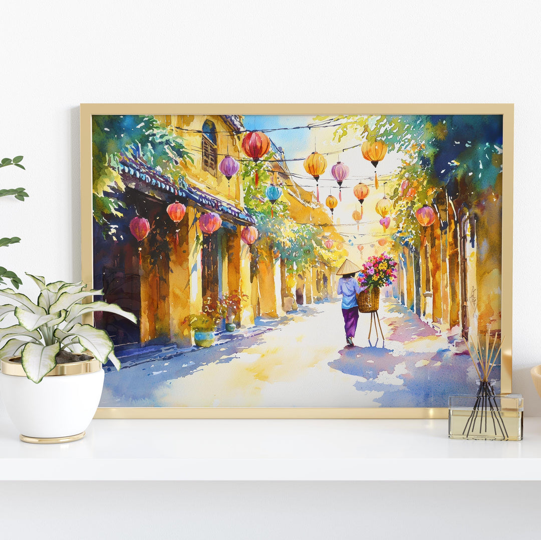 Hoi An Vietnam Watercolor Poster Hoi An Travel Print Lantern Street Painting Riverside Wall Art Asia Souvenir