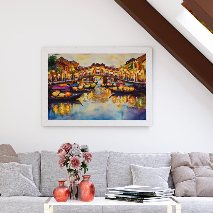 Hoi An Vietnam Watercolor Poster Hoi An Travel Print Ancient Town Painting Lantern Street Wall Art Asia Souvenir