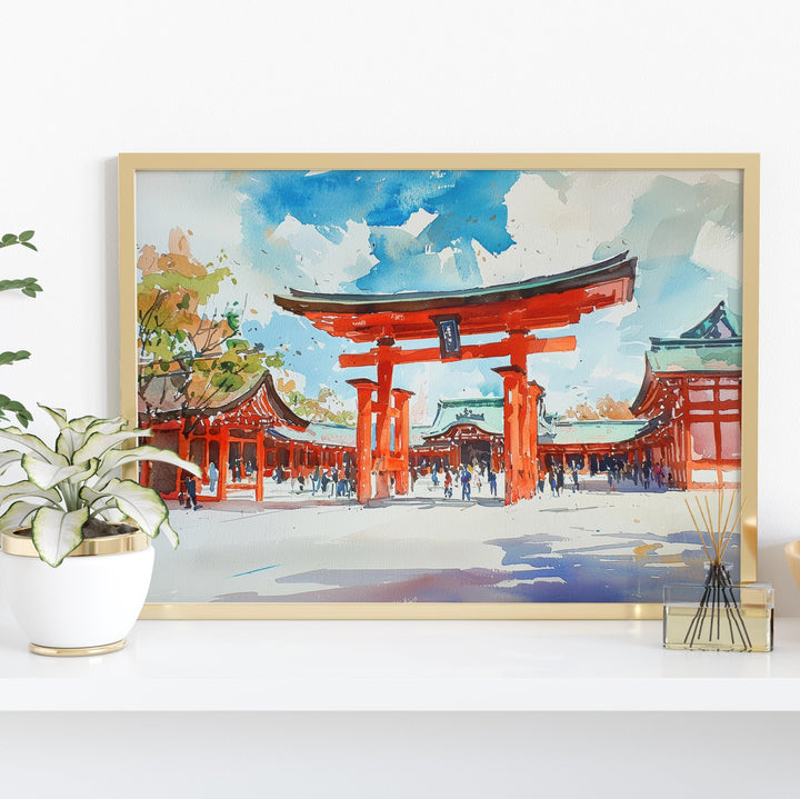Fushimi Inari Shrine Kyoto Japan Watercolor Poster Kyoto Travel Print Torii Gate Painting Temple Wall Art Asia Souvenir