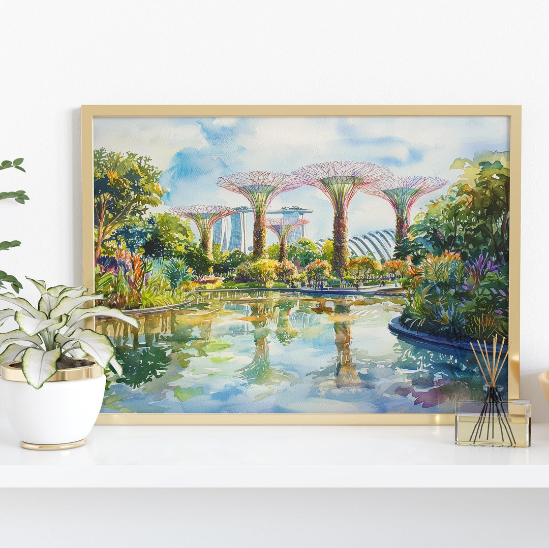 Supertree Grove Singapore Watercolor Poster Gardens by the Bay Print Cityscape Painting Wall Art Asia Souvenir
