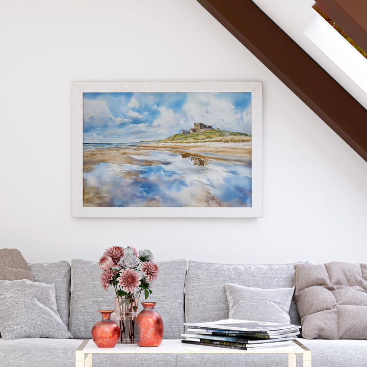 Northumberland Coast England Watercolor Poster Northumberland Travel Print Coastal Landscape Painting Wall Art UK Souvenir