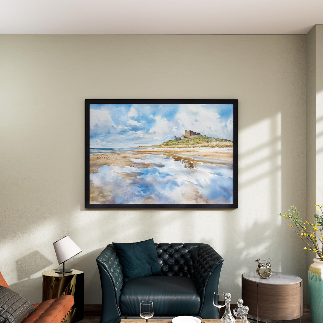 Northumberland Coast England Watercolor Poster Northumberland Travel Print Coastal Landscape Painting Wall Art UK Souvenir