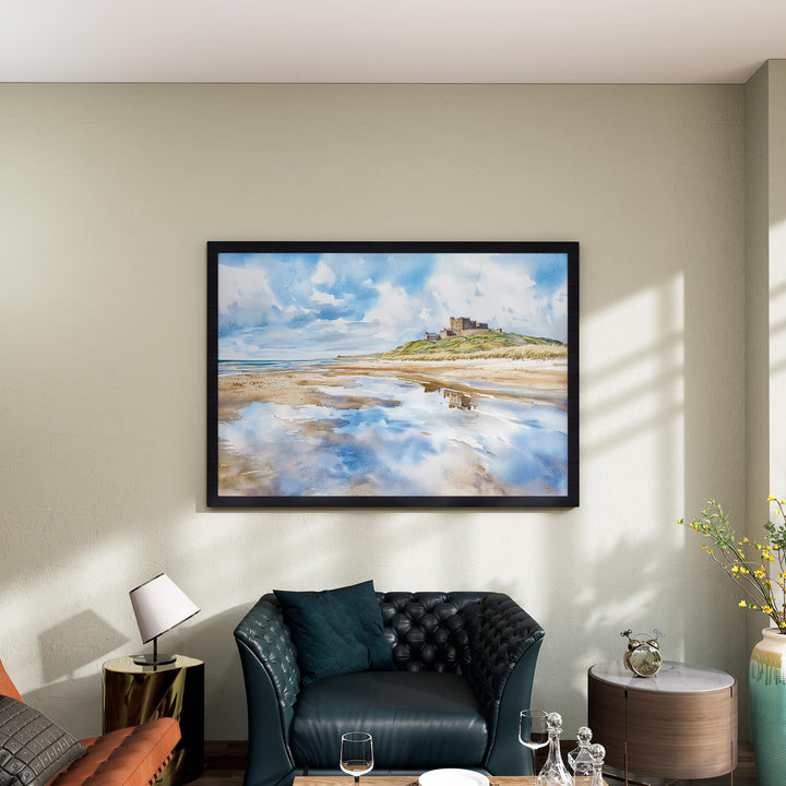 Northumberland Coast England Watercolor Poster Northumberland Travel Print Coastal Landscape Painting Wall Art UK Souvenir