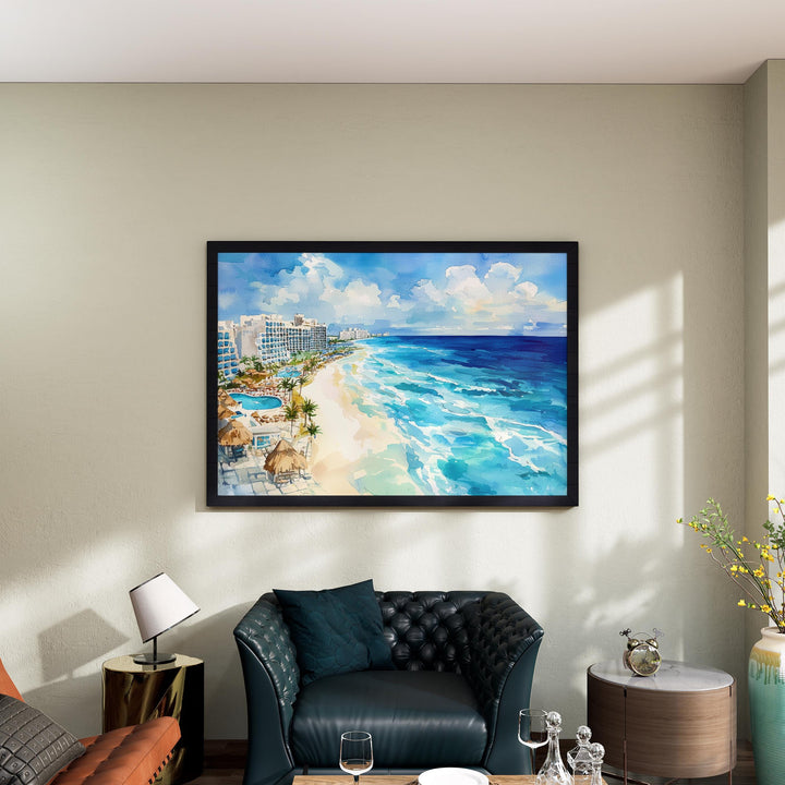 Cancún Mexico Watercolor Poster Cancún Travel Print Beach Landscape Painting Coastal Wall Art Caribbean Souvenir