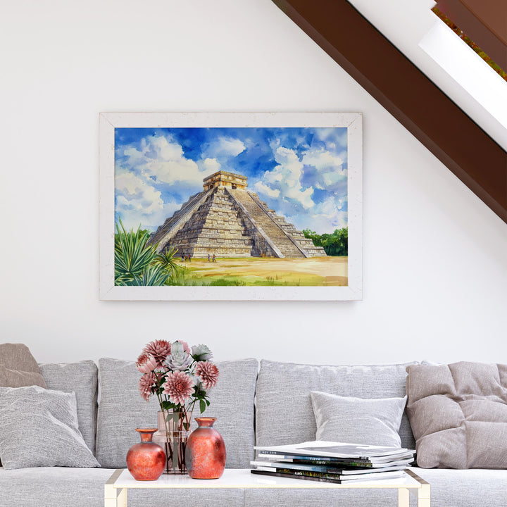 Chichén Itzá Mexico Watercolor Poster Chichén Itzá Travel Print Mayan Pyramid Painting Wall Art Yucatán Souvenir