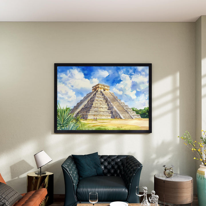 Chichén Itzá Mexico Watercolor Poster Chichén Itzá Travel Print Mayan Pyramid Painting Wall Art Yucatán Souvenir
