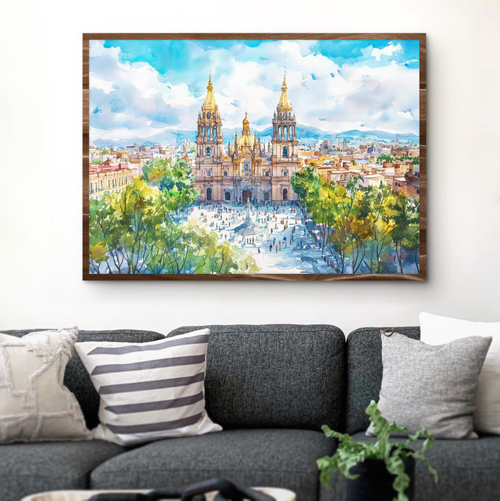 Guadalajara Mexico Watercolor Poster Guadalajara Travel Print Cityscape Painting Cathedral Wall Art Latin America Souvenir