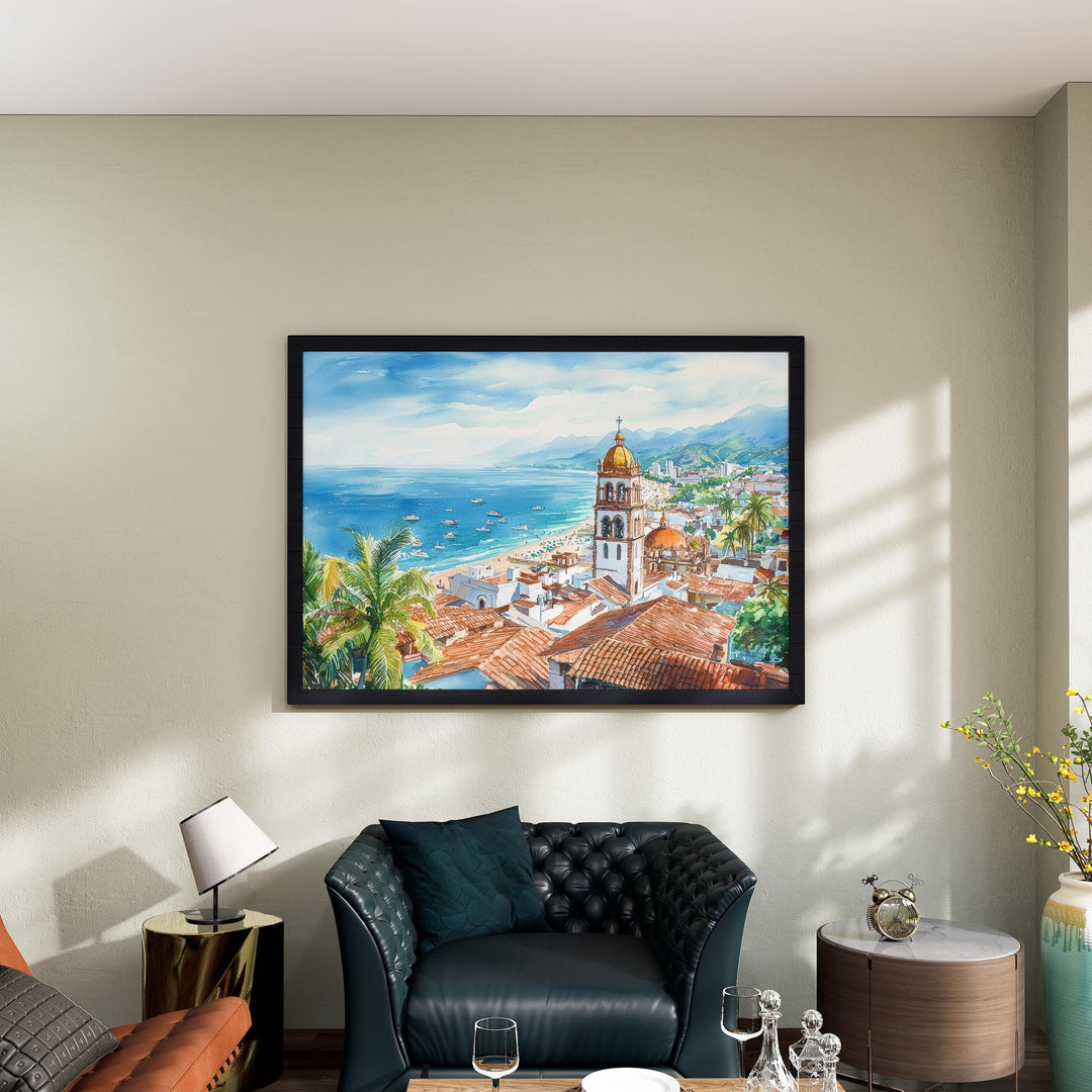 Puerto Vallarta Mexico Watercolor Poster Puerto Vallarta Travel Print Beach Landscape Painting Wall Art Pacific Coast Souvenir