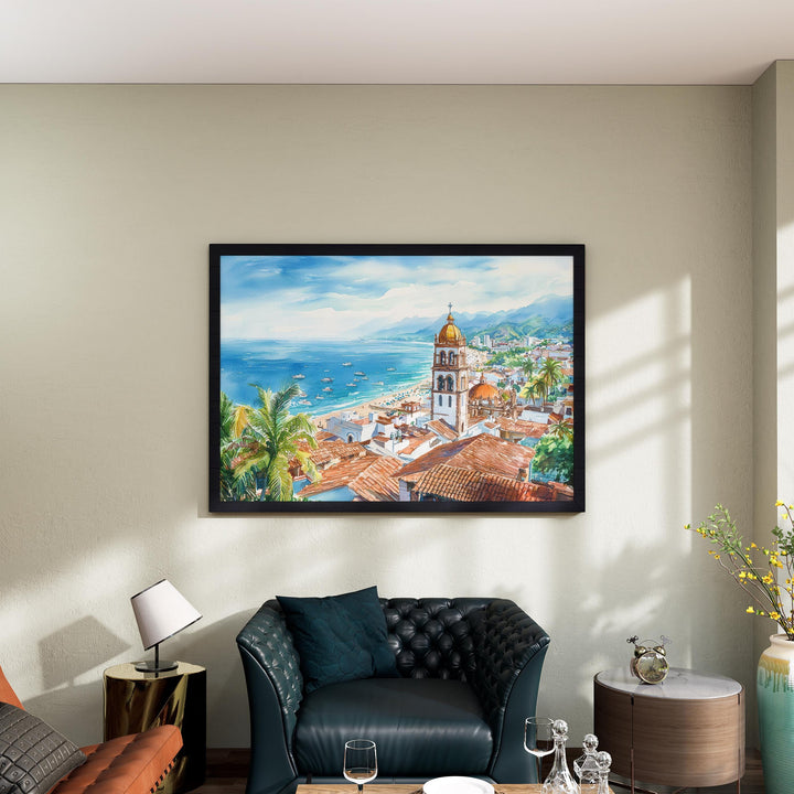 Puerto Vallarta Mexico Watercolor Poster Puerto Vallarta Travel Print Beach Landscape Painting Wall Art Pacific Coast Souvenir