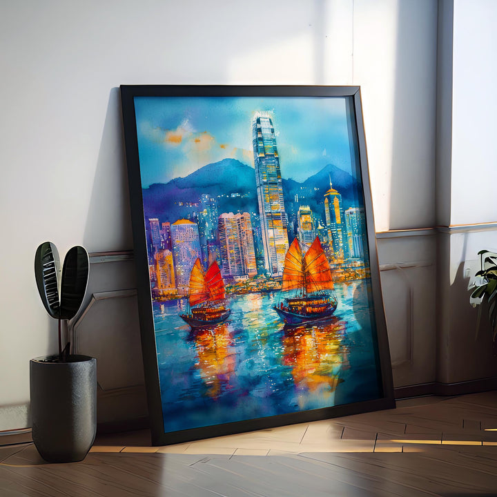 Hong Kong Watercolor Poster Hong Kong Travel Print City Skyline Painting Asia Wall Art Urban Decor Modern Landscape Souvenir