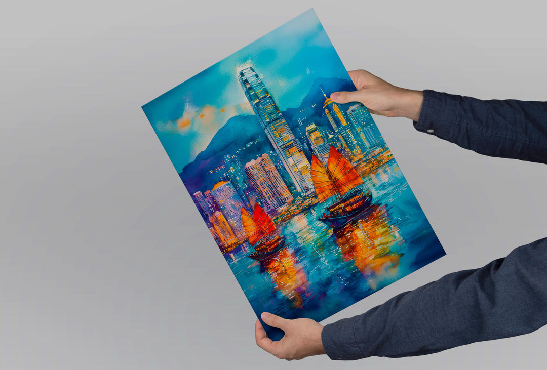 Hong Kong Watercolor Poster Hong Kong Travel Print City Skyline Painting Asia Wall Art Urban Decor Modern Landscape Souvenir