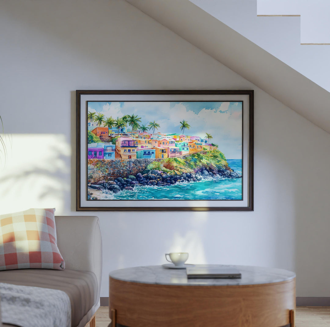 Puerto Rico Watercolor Poster Caribbean Travel Print Island Landscape Painting Coastal Wall Art Latin America Souvenir