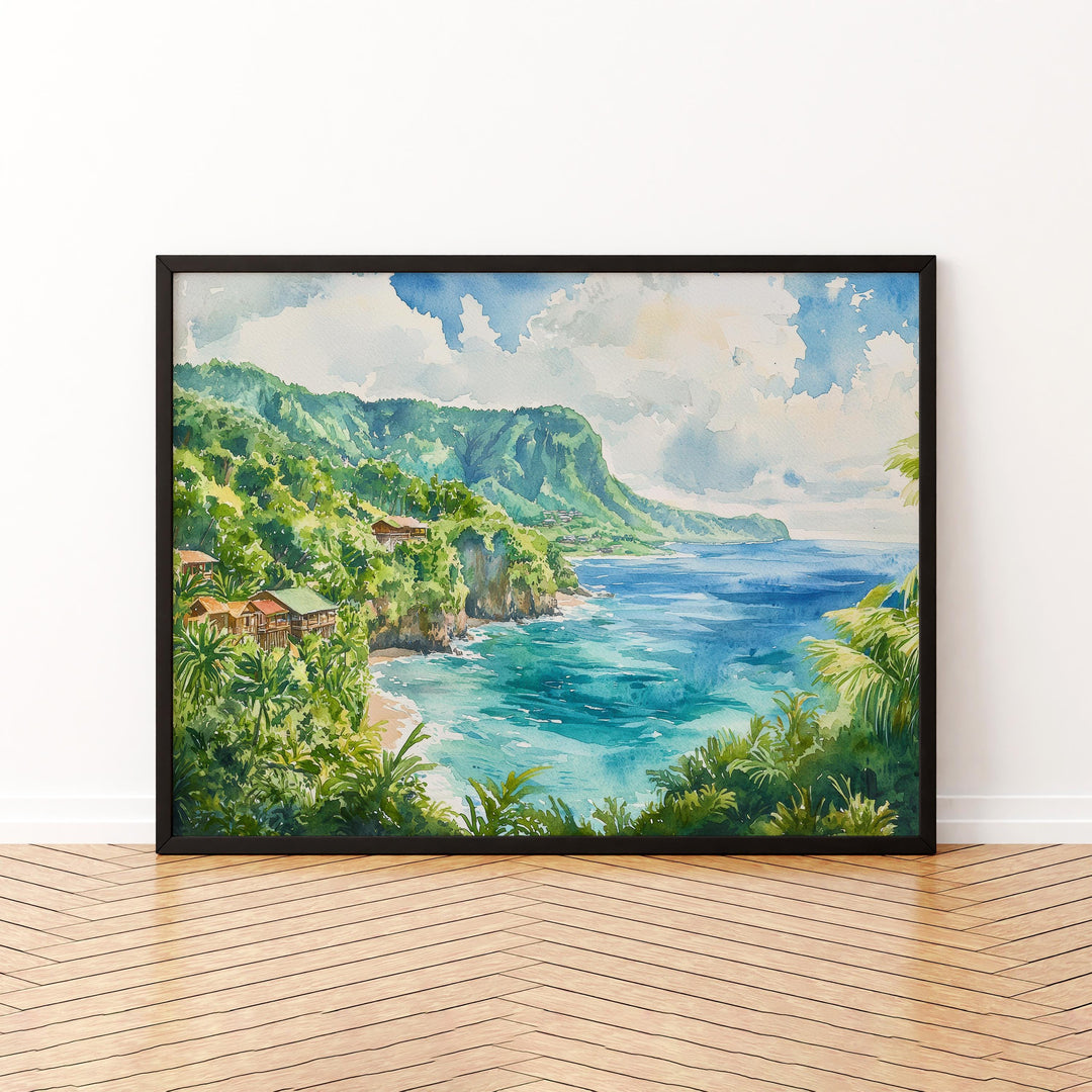 Dominica Watercolor Poster Caribbean Travel Print Island Landscape Painting Coastal Wall Art Tropical Souvenir