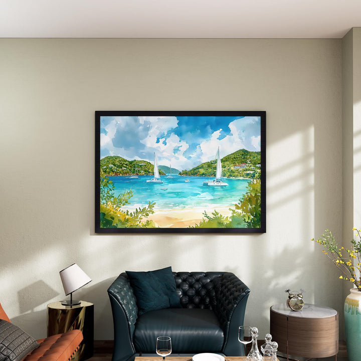 British Virgin Islands Watercolor Poster Caribbean Travel Print Beach Landscape Painting Coastal Wall Art Island Souvenir