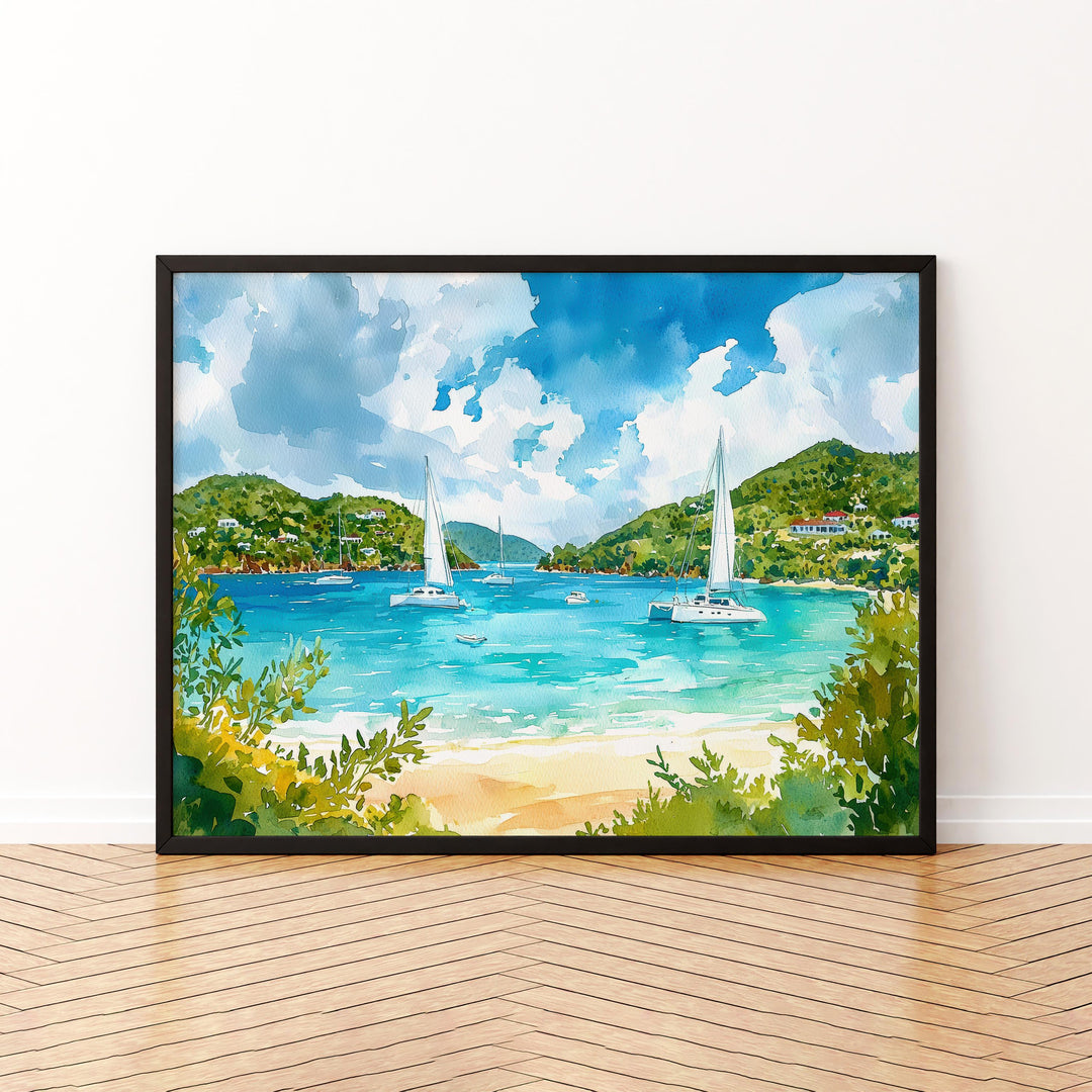 British Virgin Islands Watercolor Poster Caribbean Travel Print Beach Landscape Painting Coastal Wall Art Island Souvenir