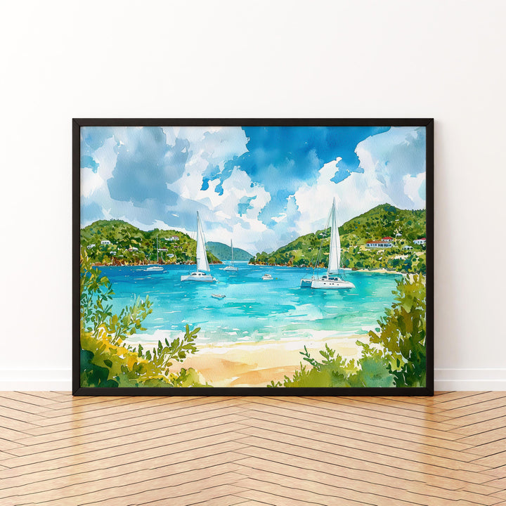 British Virgin Islands Watercolor Poster Caribbean Travel Print Beach Landscape Painting Coastal Wall Art Island Souvenir