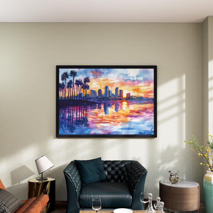 San Diego California Watercolor Poster San Diego Travel Print Coastal City Painting Beach Wall Art USA Ocean Decor Souvenir
