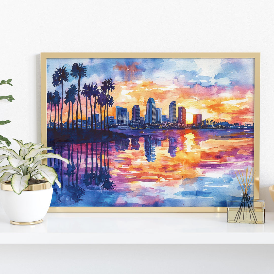 San Diego California Watercolor Poster San Diego Travel Print Coastal City Painting Beach Wall Art USA Ocean Decor Souvenir