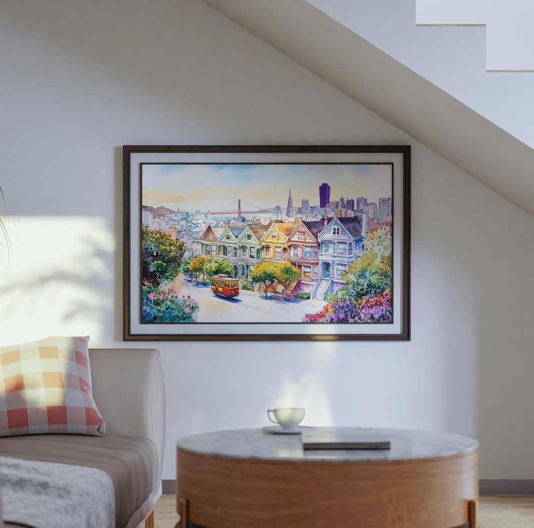 San Francisco California Watercolor Poster San Francisco Travel Print City Skyline Painting Golden Gate Wall Art USA Souvenir