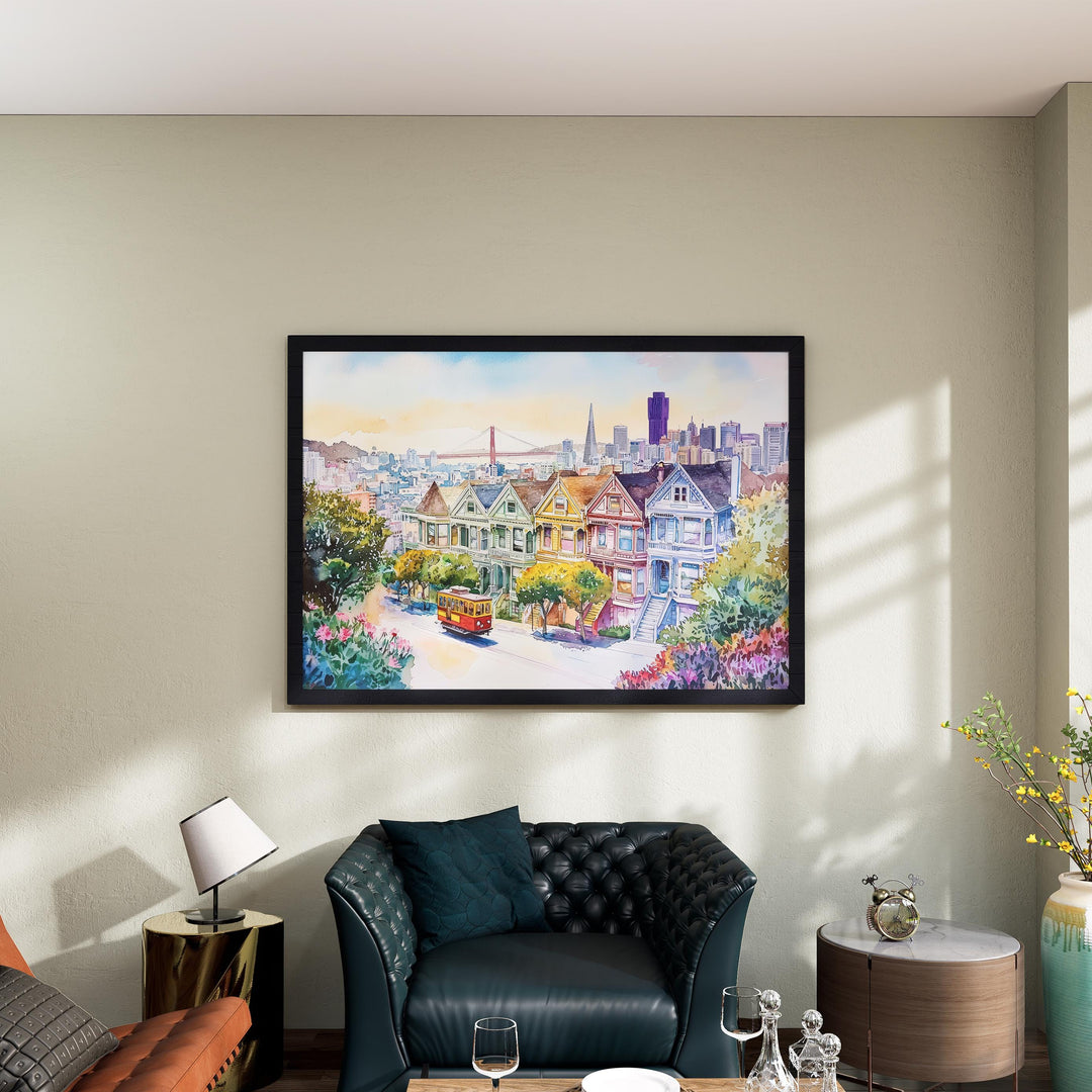 San Francisco California Watercolor Poster San Francisco Travel Print City Skyline Painting Golden Gate Wall Art USA Souvenir