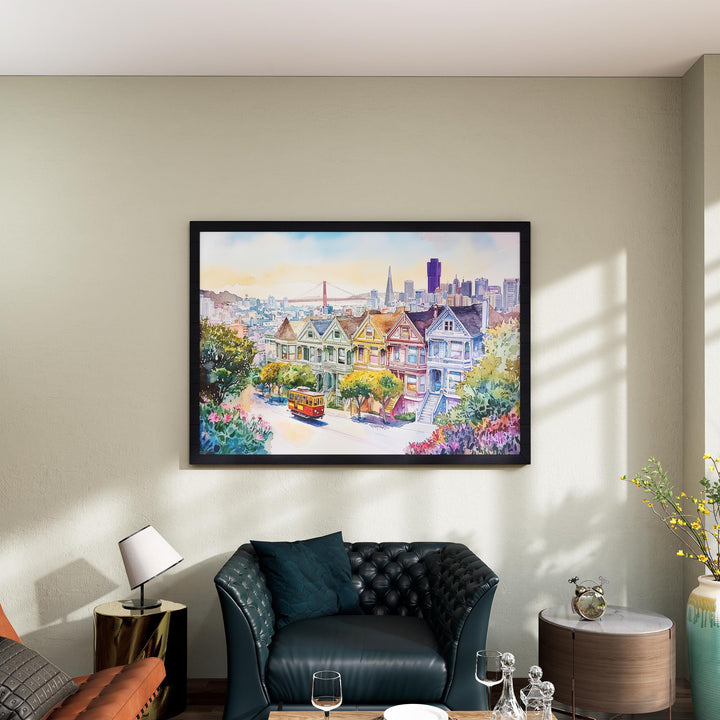 San Francisco California Watercolor Poster San Francisco Travel Print City Skyline Painting Golden Gate Wall Art USA Souvenir