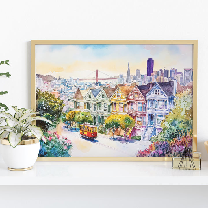 San Francisco California Watercolor Poster San Francisco Travel Print City Skyline Painting Golden Gate Wall Art USA Souvenir
