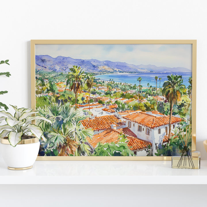 Santa Barbara California Watercolor Poster Santa Barbara Travel Print Coastal City Painting Beach Wall Art USA Souvenir