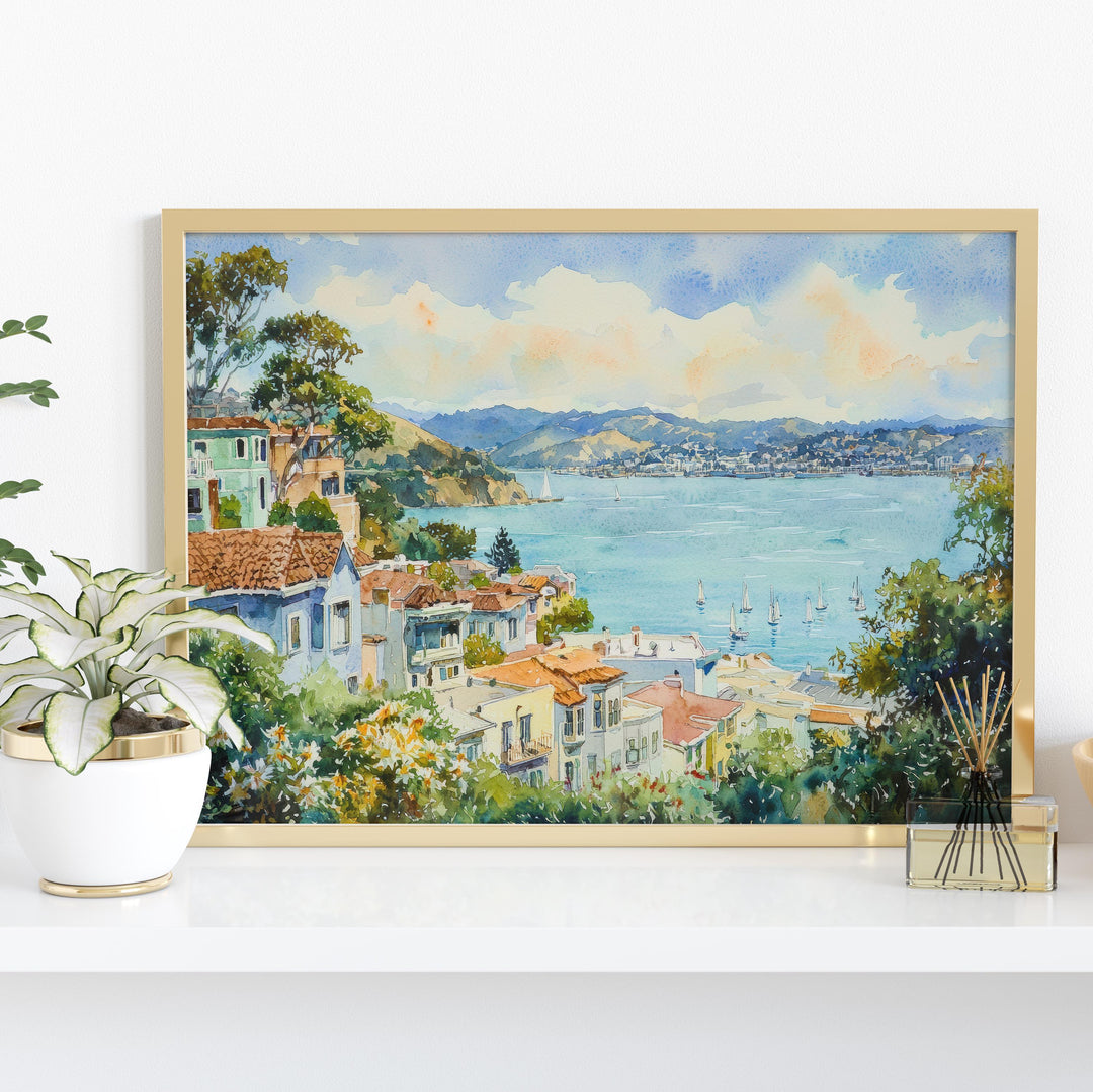 Sausalito California Watercolor Poster Sausalito Travel Print Coastal Town Painting Bay Area Wall Art USA Souvenir