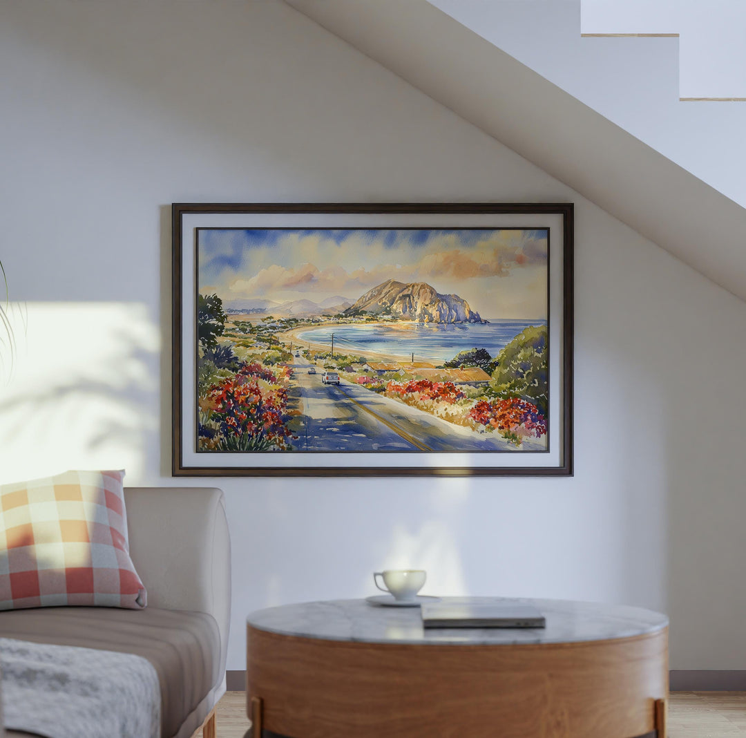 Morro Bay California Watercolor Poster Morro Bay Travel Print Coastal Town Painting Ocean Wall Art USA Decor Souvenir