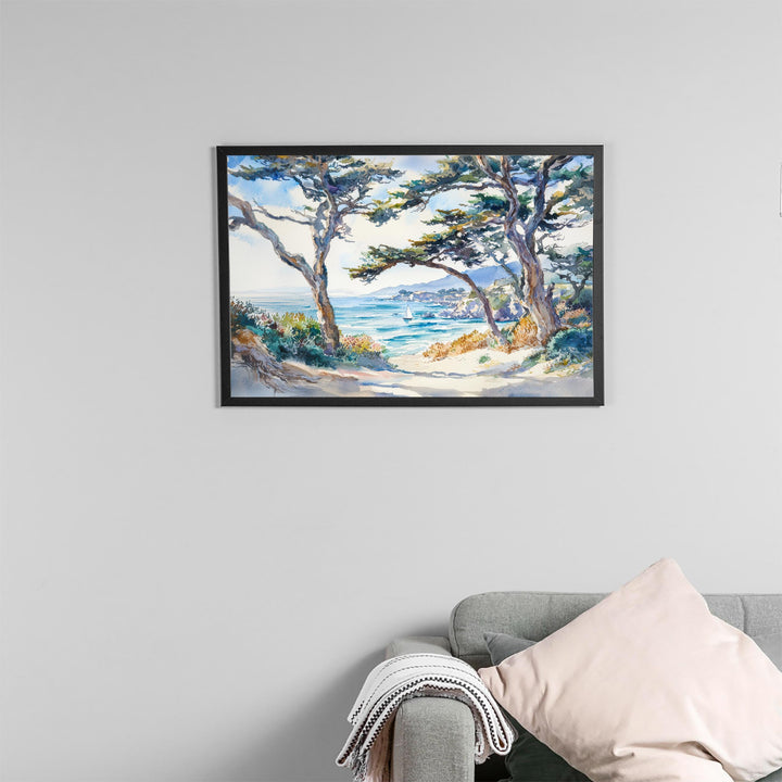 Monterey Bay California Watercolor Poster Monterey Travel Print Coastal City Painting Ocean Wall Art USA Decor Souvenir