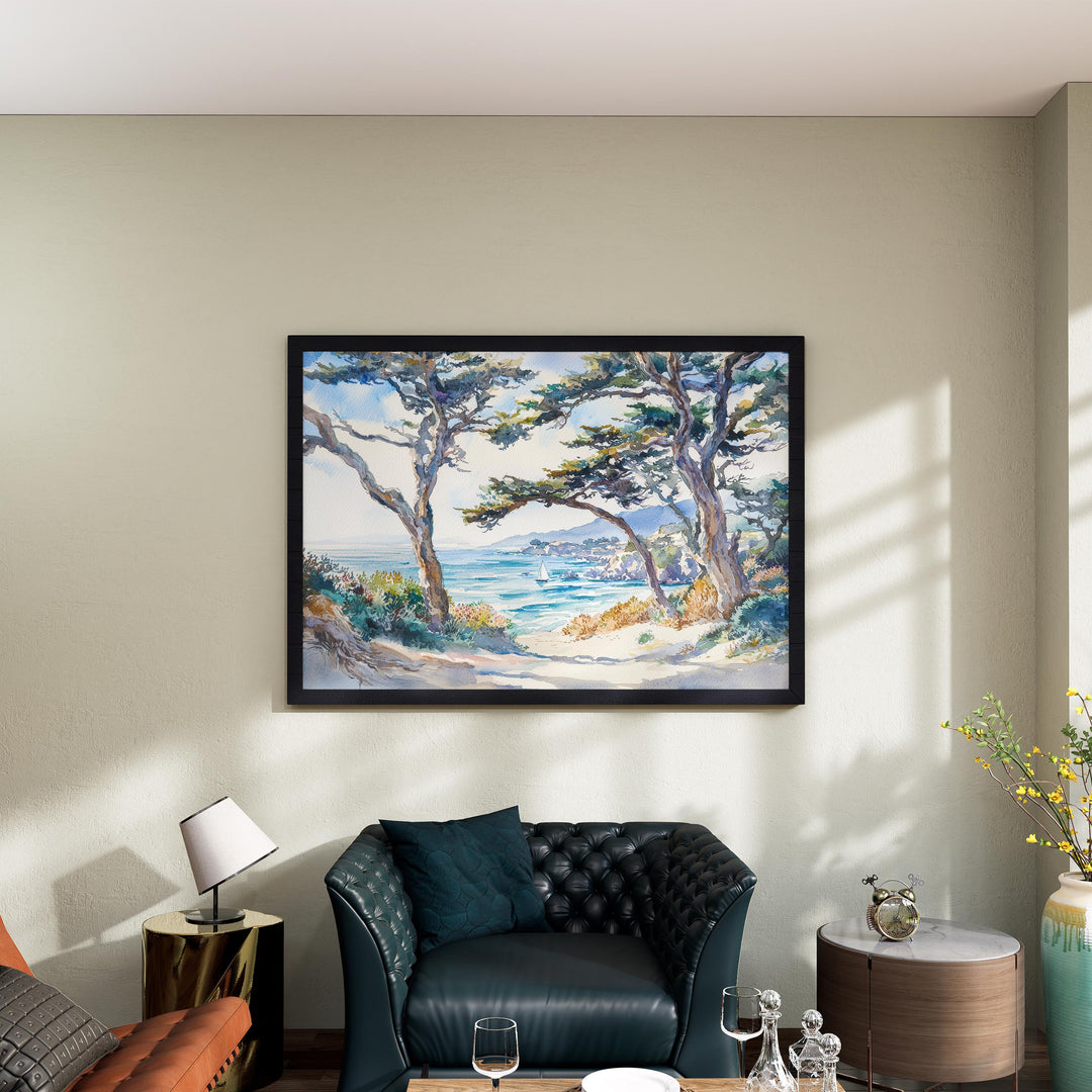 Monterey Bay California Watercolor Poster Monterey Travel Print Coastal City Painting Ocean Wall Art USA Decor Souvenir