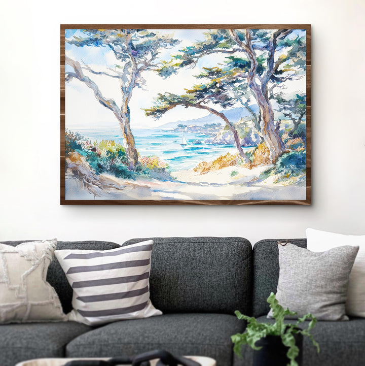 Monterey Bay California Watercolor Poster Monterey Travel Print Coastal City Painting Ocean Wall Art USA Decor Souvenir