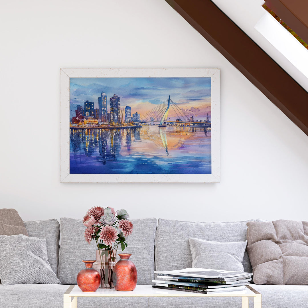 Rotterdam Netherlands Watercolor Poster Rotterdam Travel Print Cityscape Painting Modern Architecture Wall Art Europe Souvenir