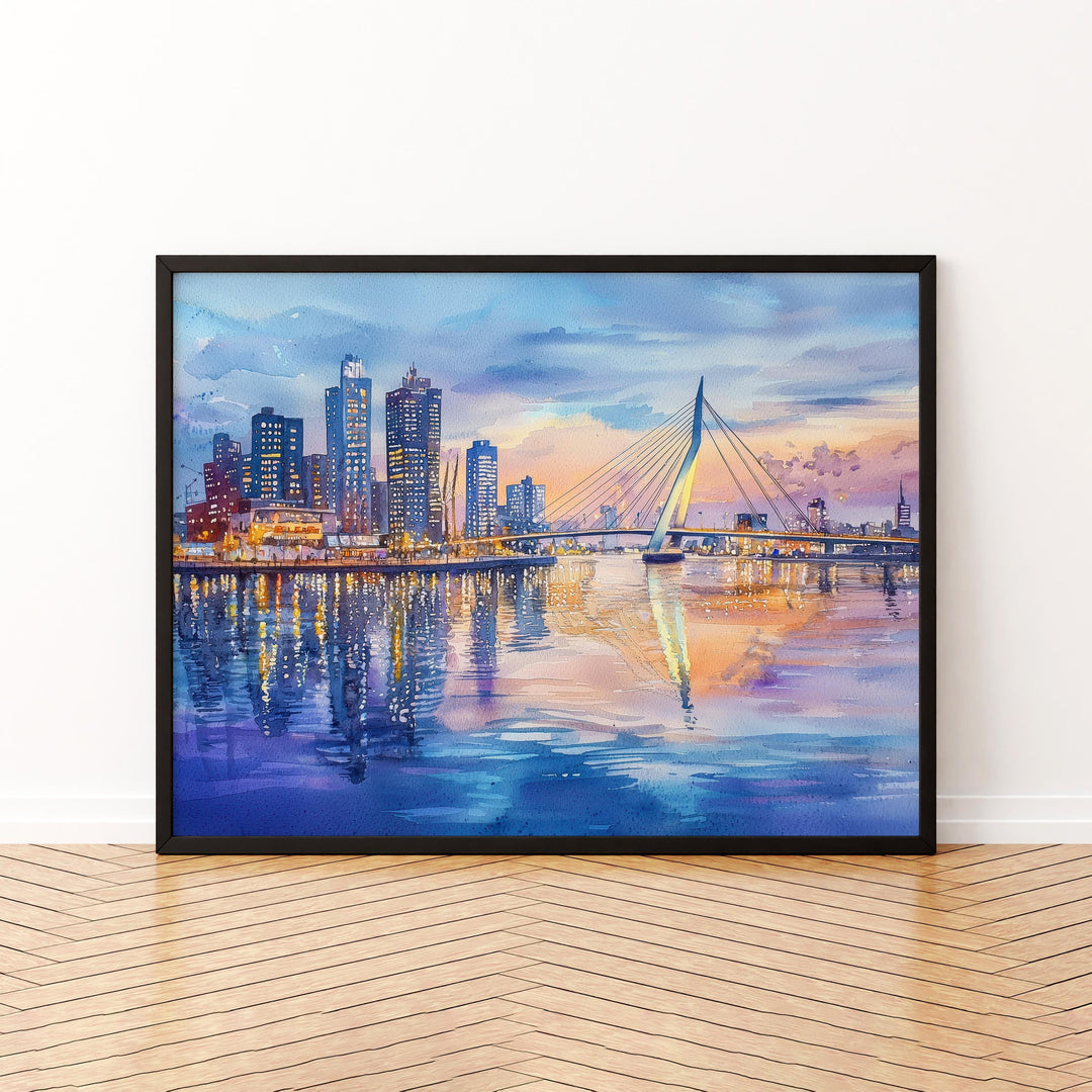 Rotterdam Netherlands Watercolor Poster Rotterdam Travel Print Cityscape Painting Modern Architecture Wall Art Europe Souvenir