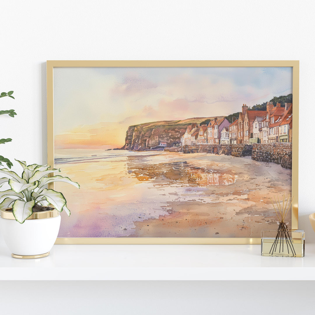 Robin Hood’s Bay England Watercolor Poster Robin Hoods Bay Travel Print Coastal Village Painting Wall Art UK Souvenir