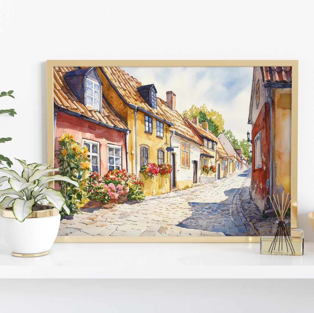 Odense Denmark Watercolor Poster Odense Travel Print Cityscape Painting Historic Town Wall Art Europe Decor Souvenir