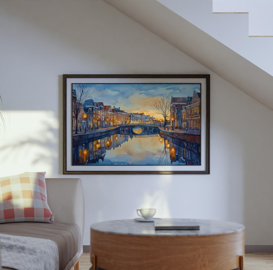 Leiden Netherlands Watercolor Poster Leiden Travel Print Canal City Painting Historic Town Wall Art Europe Decor Souvenir
