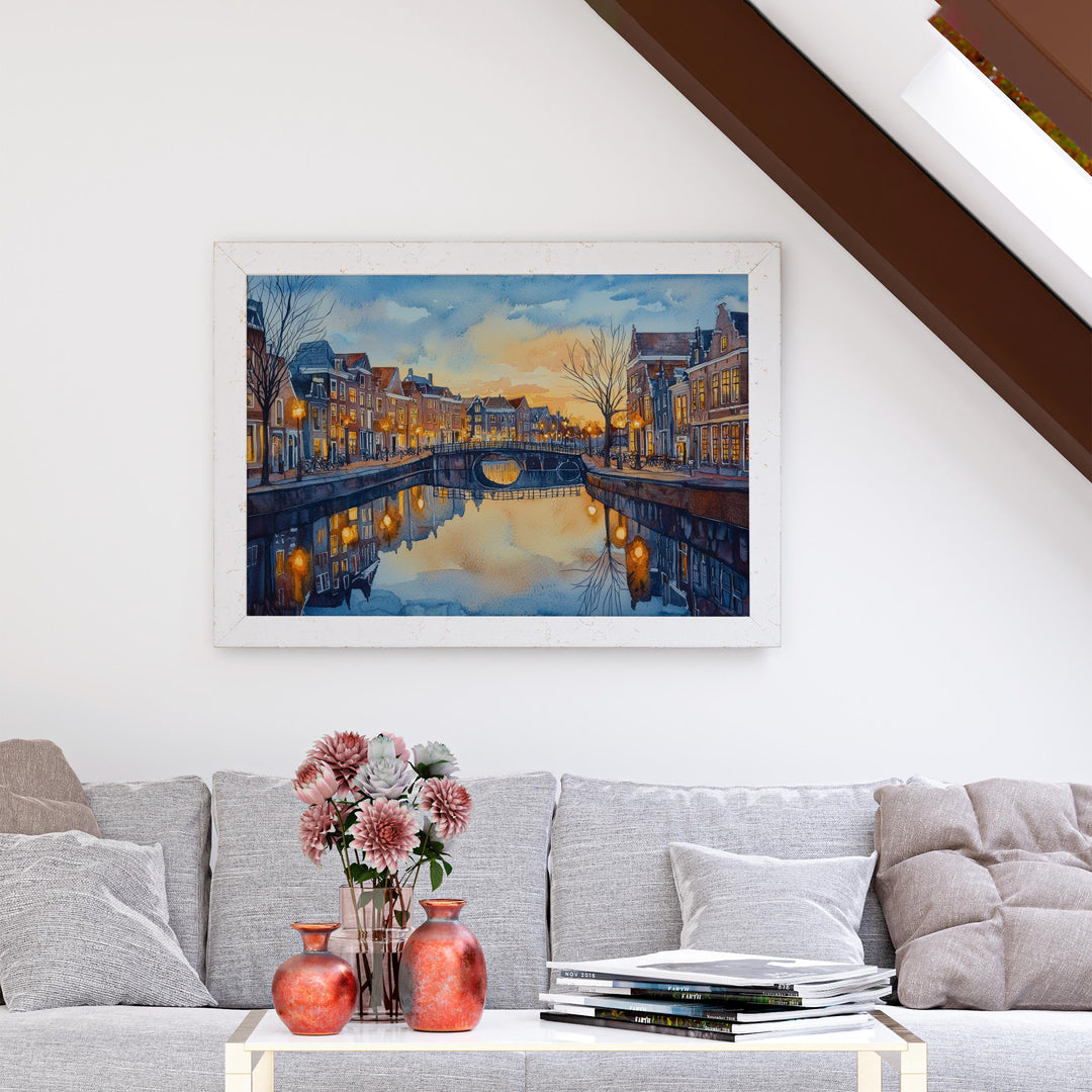Leiden Netherlands Watercolor Poster Leiden Travel Print Canal City Painting Historic Town Wall Art Europe Decor Souvenir