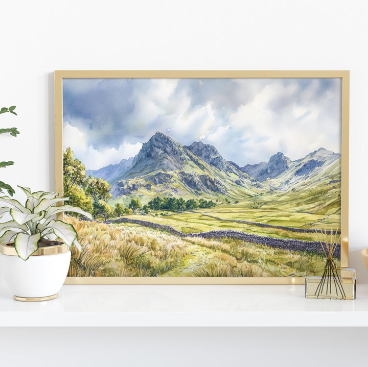 Langdale England Watercolor Poster Langdale Travel Print Lake District Painting Mountain Landscape Wall Art UK Souvenir