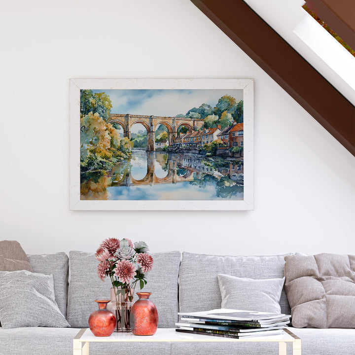 Knaresborough England Watercolor Poster Knaresborough Travel Print Riverside Town Painting Viaduct Wall Art UK Souvenir
