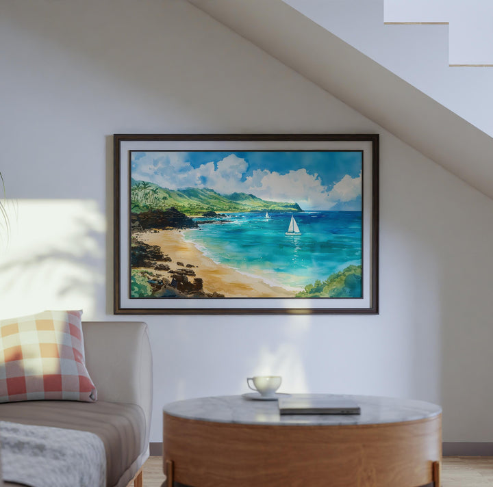 Waimea Beach Hawaii Watercolor Poster Waimea Travel Print Coastal Landscape Painting Tropical Wall Art Oahu Souvenir