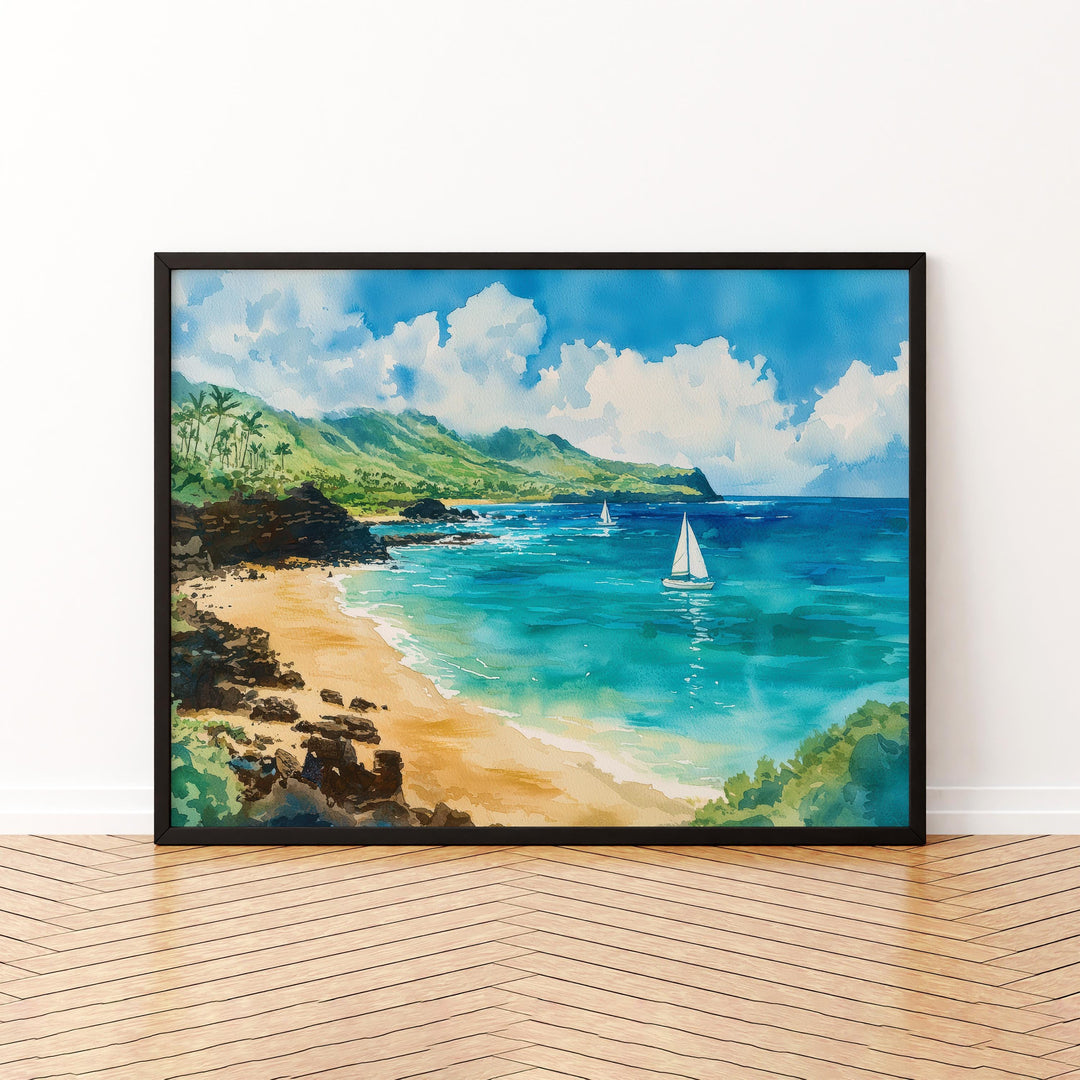 Waimea Beach Hawaii Watercolor Poster Waimea Travel Print Coastal Landscape Painting Tropical Wall Art Oahu Souvenir