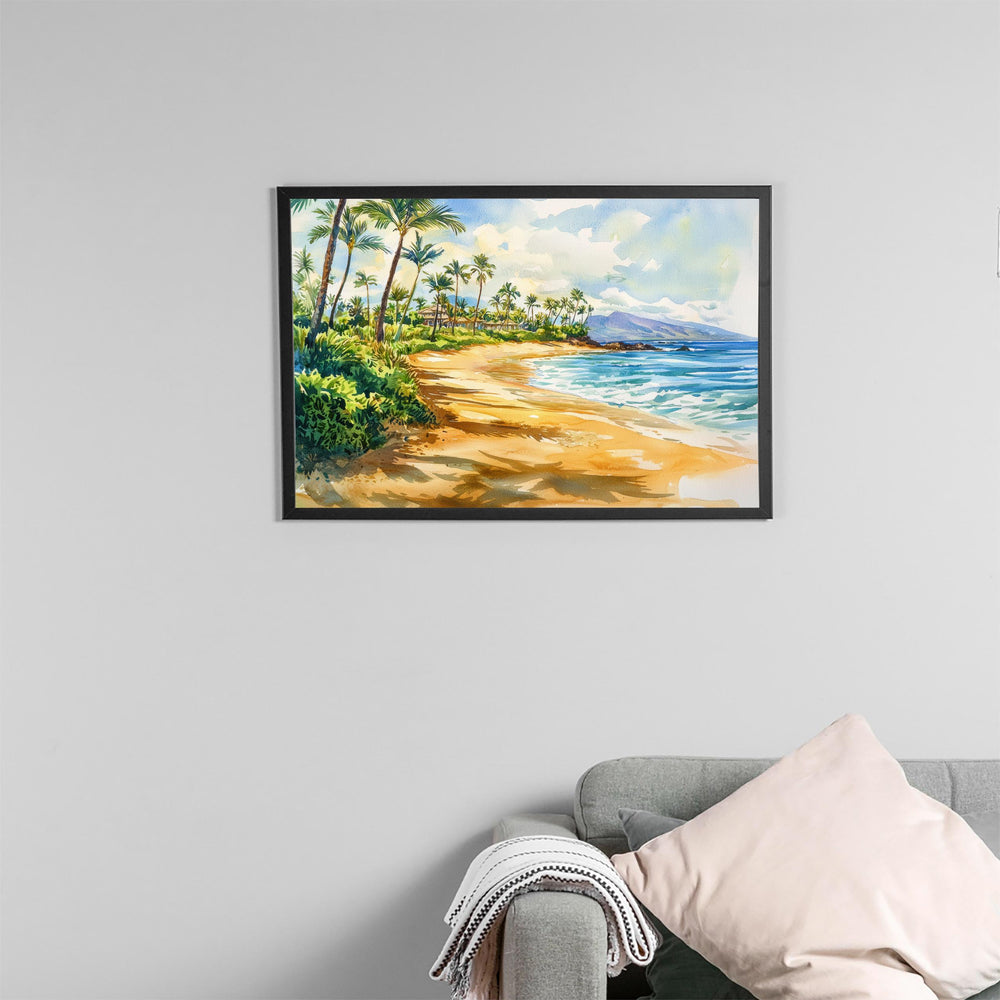Wailea Beach Hawaii Watercolor Poster Wailea Travel Print Coastal Landscape Painting Tropical Wall Art Maui Souvenir