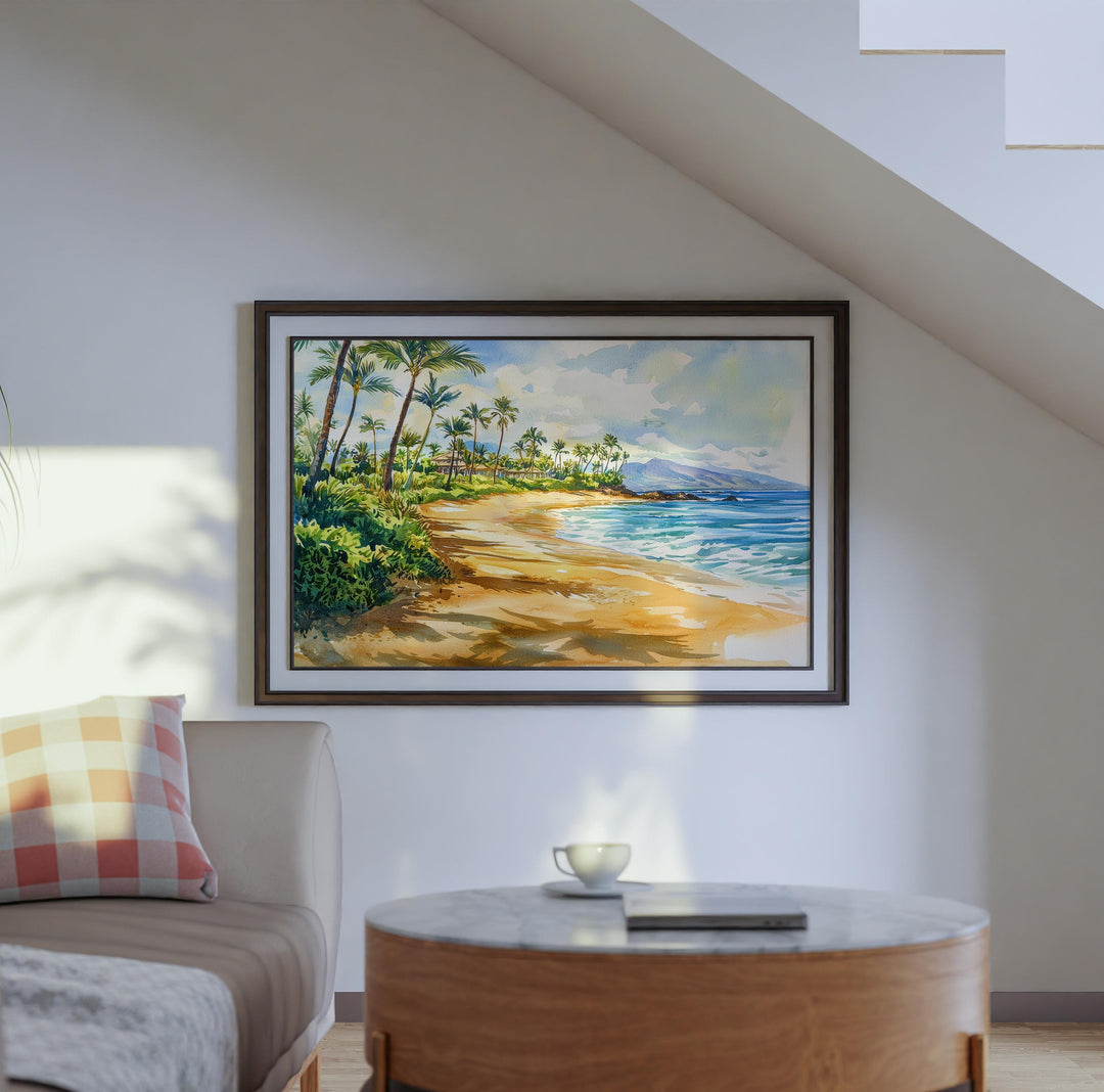Wailea Beach Hawaii Watercolor Poster Wailea Travel Print Coastal Landscape Painting Tropical Wall Art Maui Souvenir